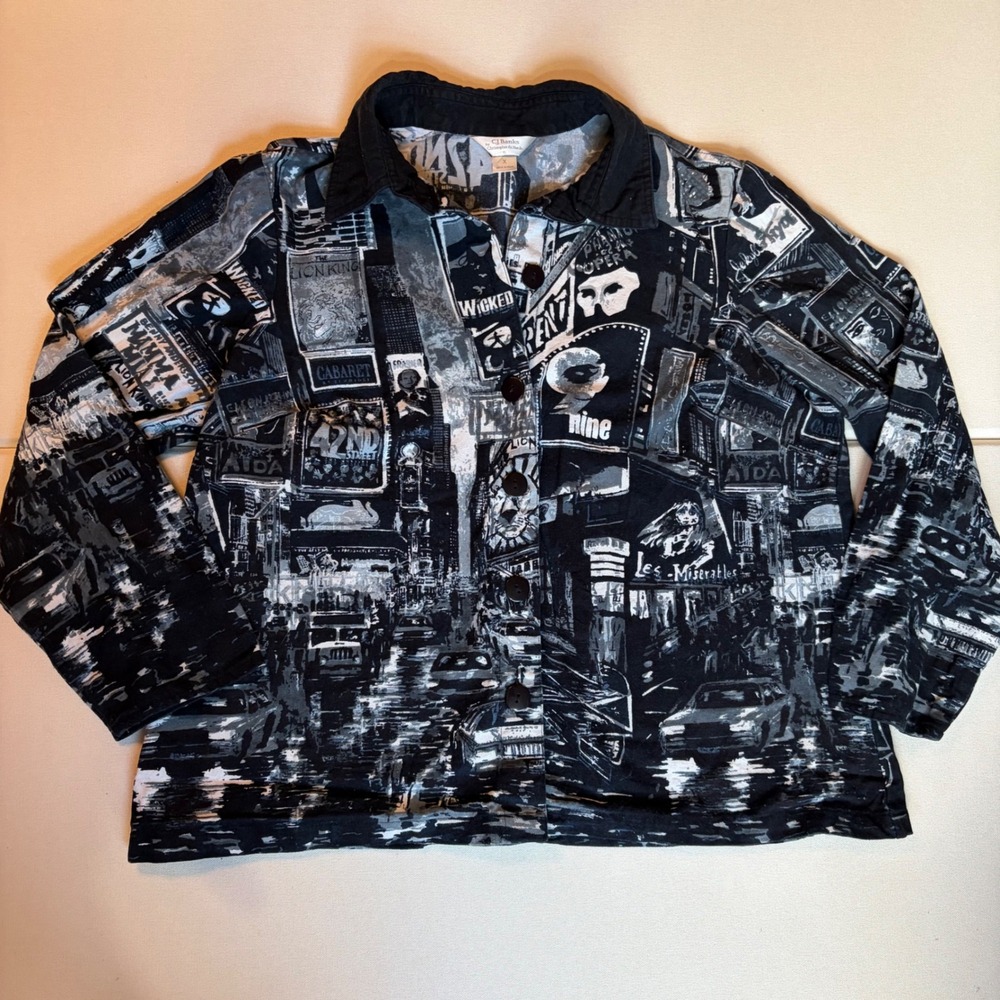 CJ Banks Broadway Musical Print Jacket 1X Black White Times Square Playbill